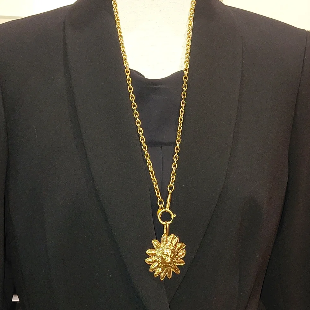 Chanel Vintage Gold Plated Leo Lion Sun CC Medallion Pendant Necklace